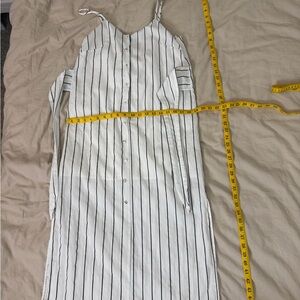 White Midi Dress with Black Vertical Stripes and Adjustable Ties